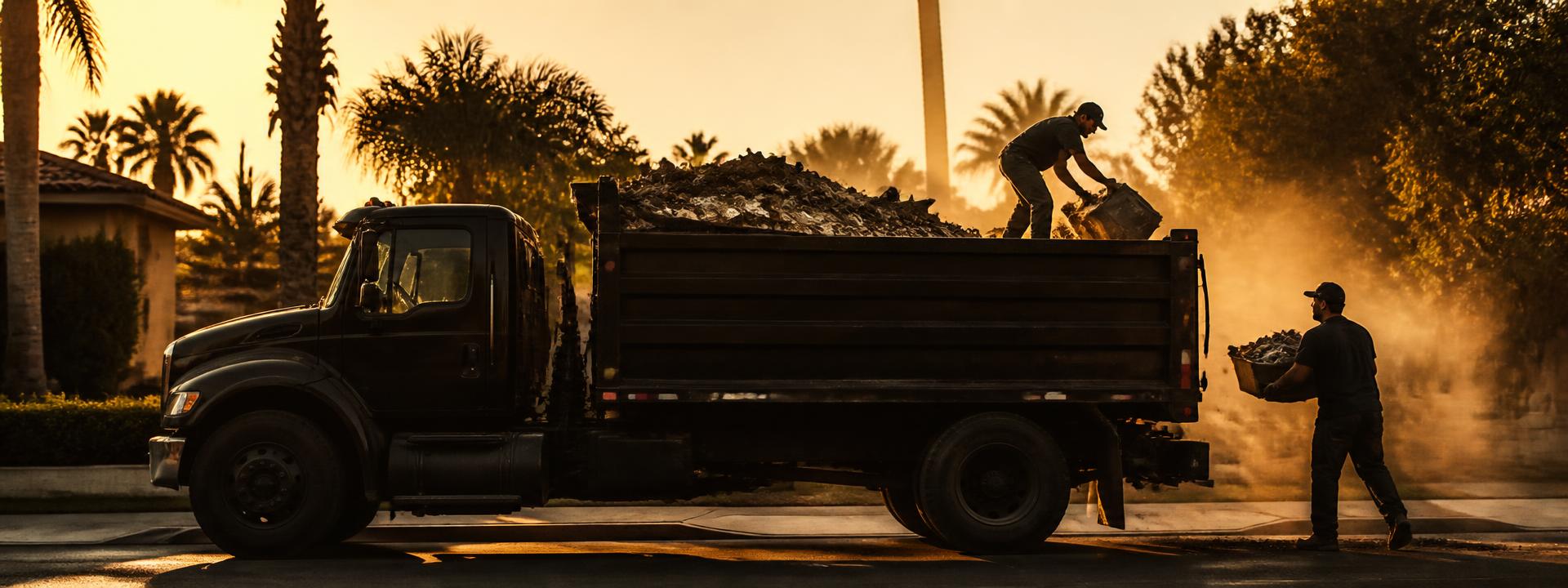 JC'S Junk Removal crew loading a dump truck at sunset in Temecula Valley